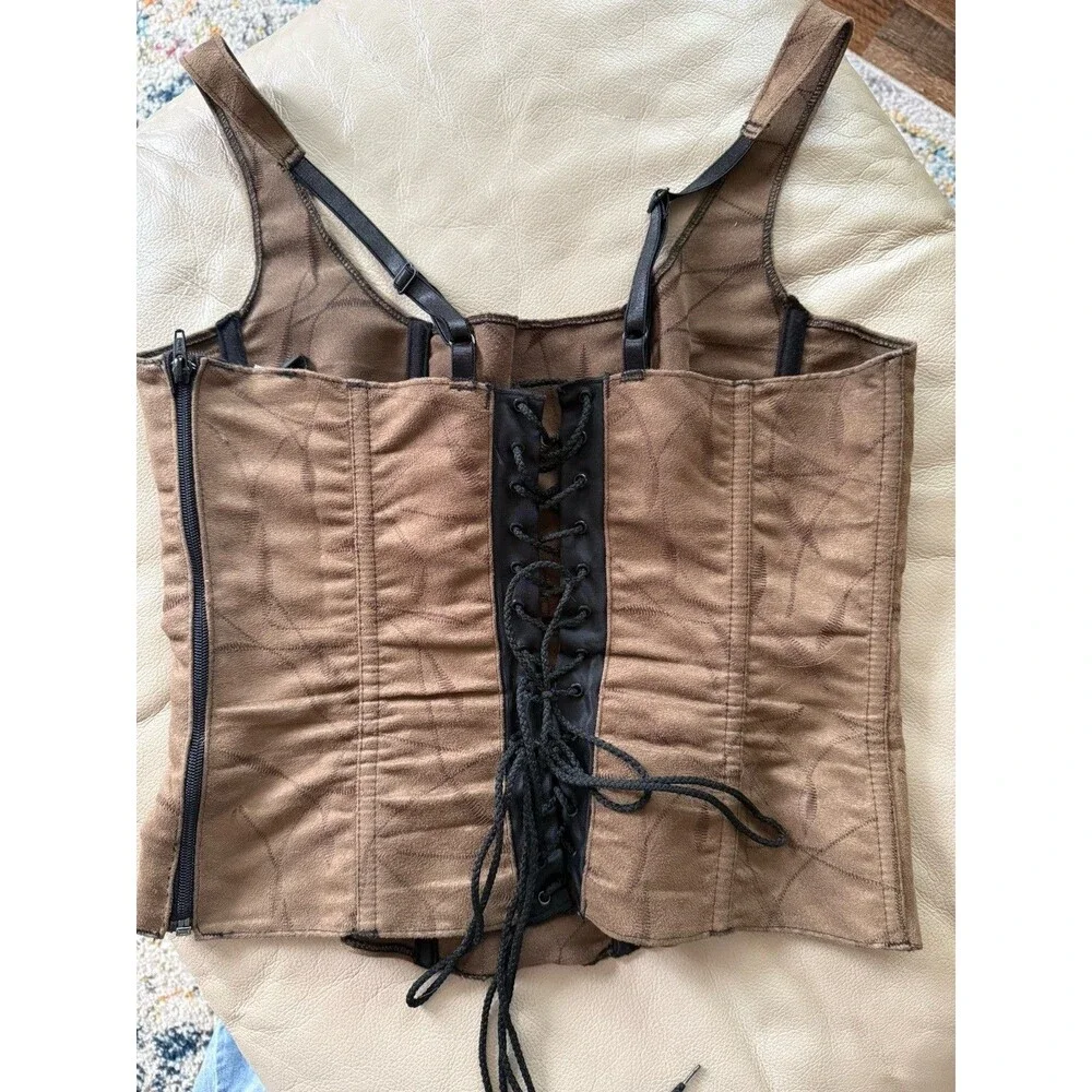 Corset Top Brown Lace Up Zip Renaissance Faire Festival Bustier ?XL Whimsygoth
